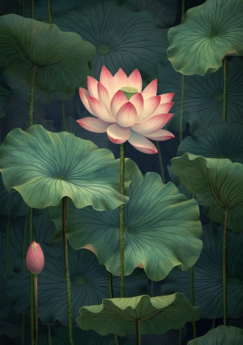 独自盛开的荷花与荷叶自然插画壁纸背景,插画/手绘图,插画/手绘图库,插画/手绘图下载,插画/手绘